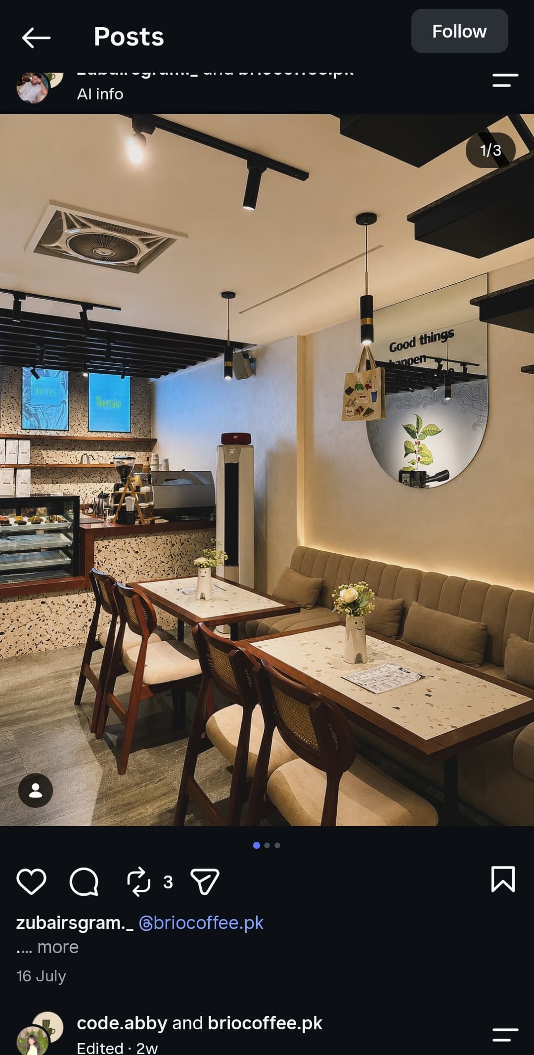Terrazzo tables and cane-back chairs at brio